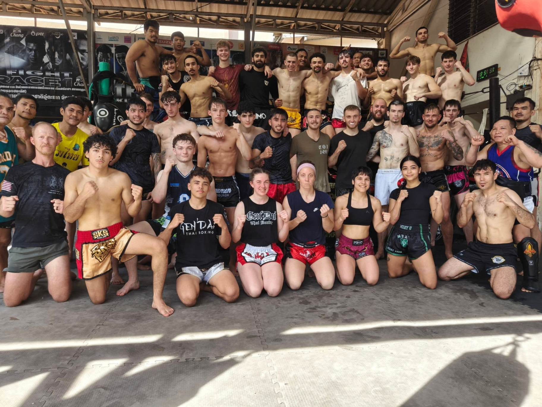 Sangmorakot Muay Thai fighters and students training at Wat Sitaram, Bangkok
